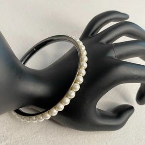 Vintage Faux Pearl Lined Gun Metal Bangle Bracelet